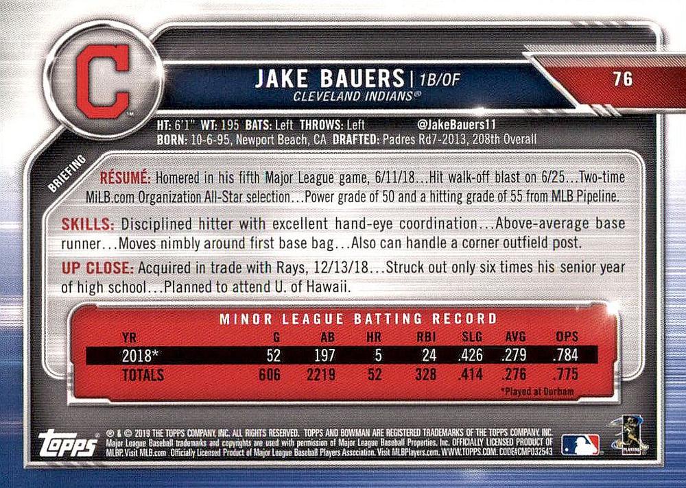 2019 Bowman Jake Bauers RC #76 Cleveland Indians