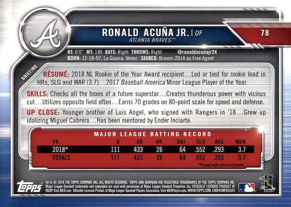 2019 Bowman Ronald Acuna Jr. #78 Atlanta Braves