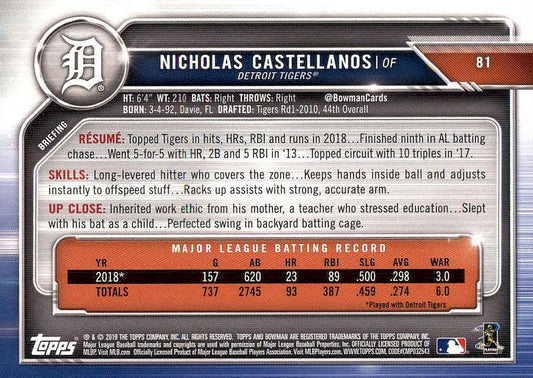 2019 Bowman Nicholas Castellanos #81 Detroit Tigers