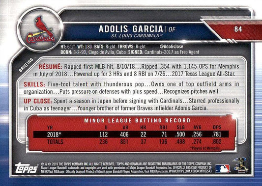 2019 Bowman Adolis Garcia RC #84 St. Louis Cardinals