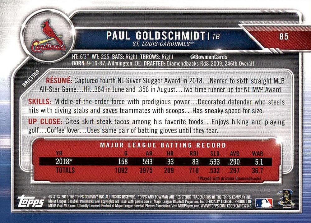 2019 Bowman Paul Goldschmidt #85 St. Louis Cardinals