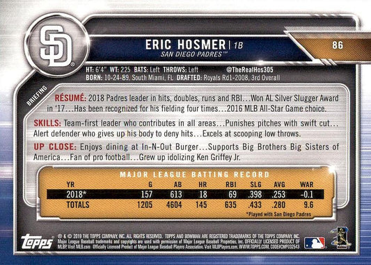 2019 Bowman Eric Hosmer #86 San Diego Padres