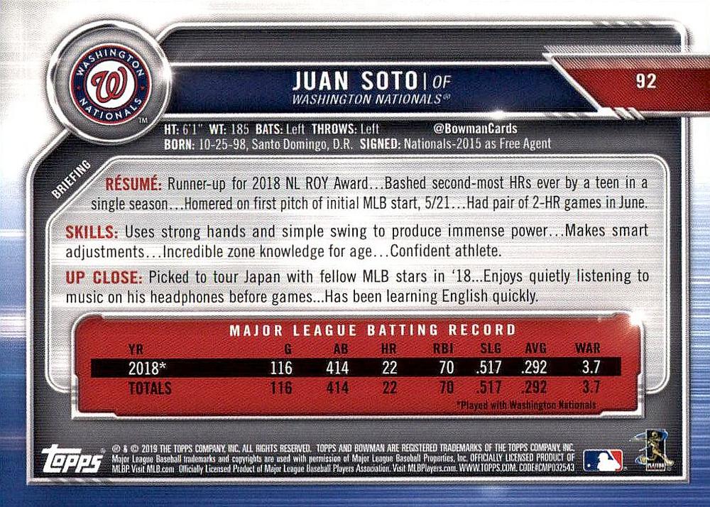 2019 Bowman Juan Soto #92 Washington Nationals