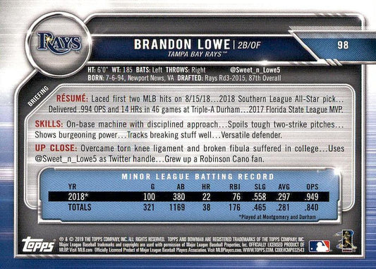 2019 Bowman Brandon Lowe RC #98 Tampa Bay Rays