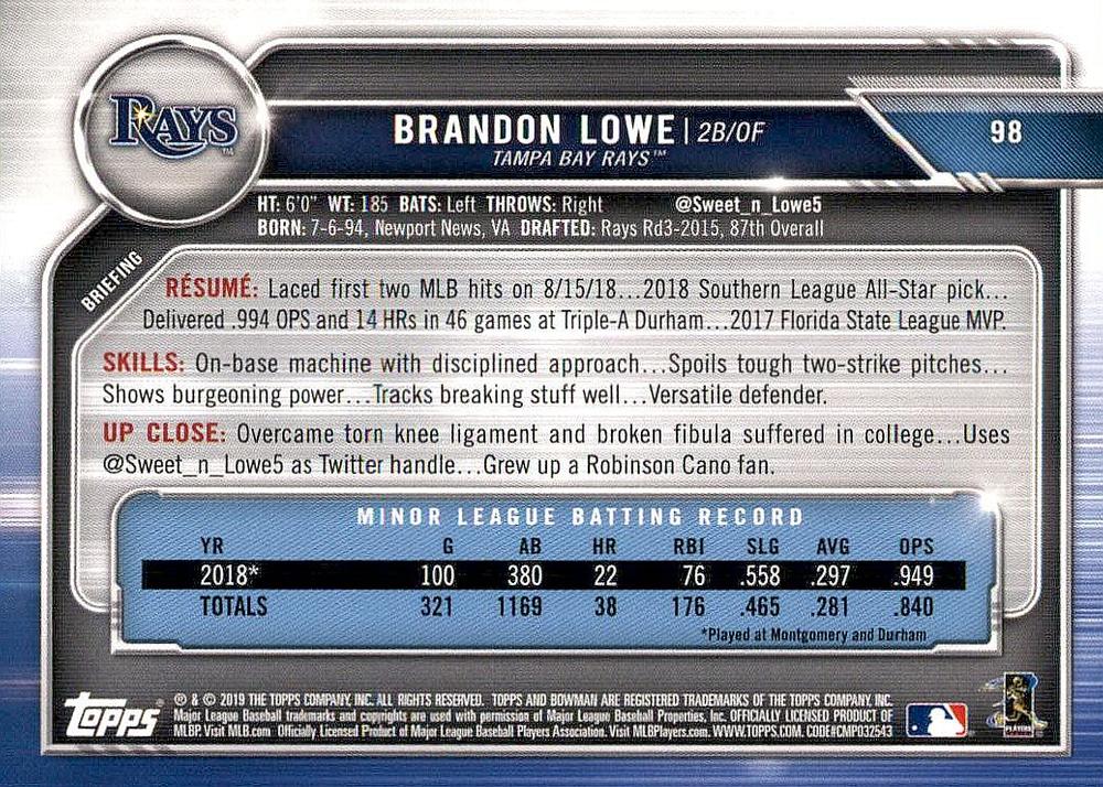 2019 Bowman Brandon Lowe RC #98 Tampa Bay Rays