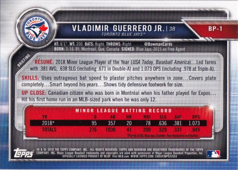 2019 Bowman Prospects Vladimir Guerrero Jr. #BP-1 Toronto Blue Jays