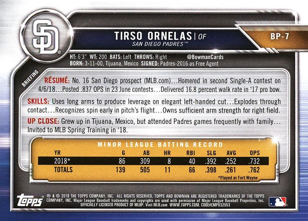 2019 Bowman Prospects Tirso Ornelas #BP-7 San Diego Padres