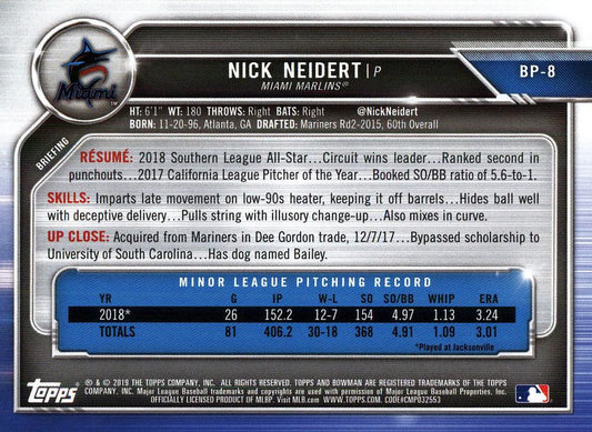 2019 Bowman Prospects Nick Neidert #BP-8 Miami Marlins