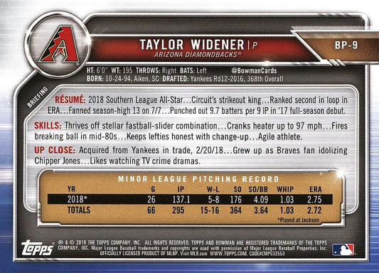 2019 Bowman Prospects Taylor Widener #BP-9 Arizona Diamondbacks
