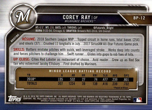 2019 Bowman Prospects Corey Ray #BP-12 Milwaukee Brewers