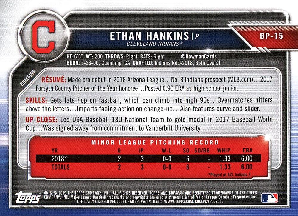 2019 Bowman Prospects Ethan Hankins #BP-15 Cleveland Indians