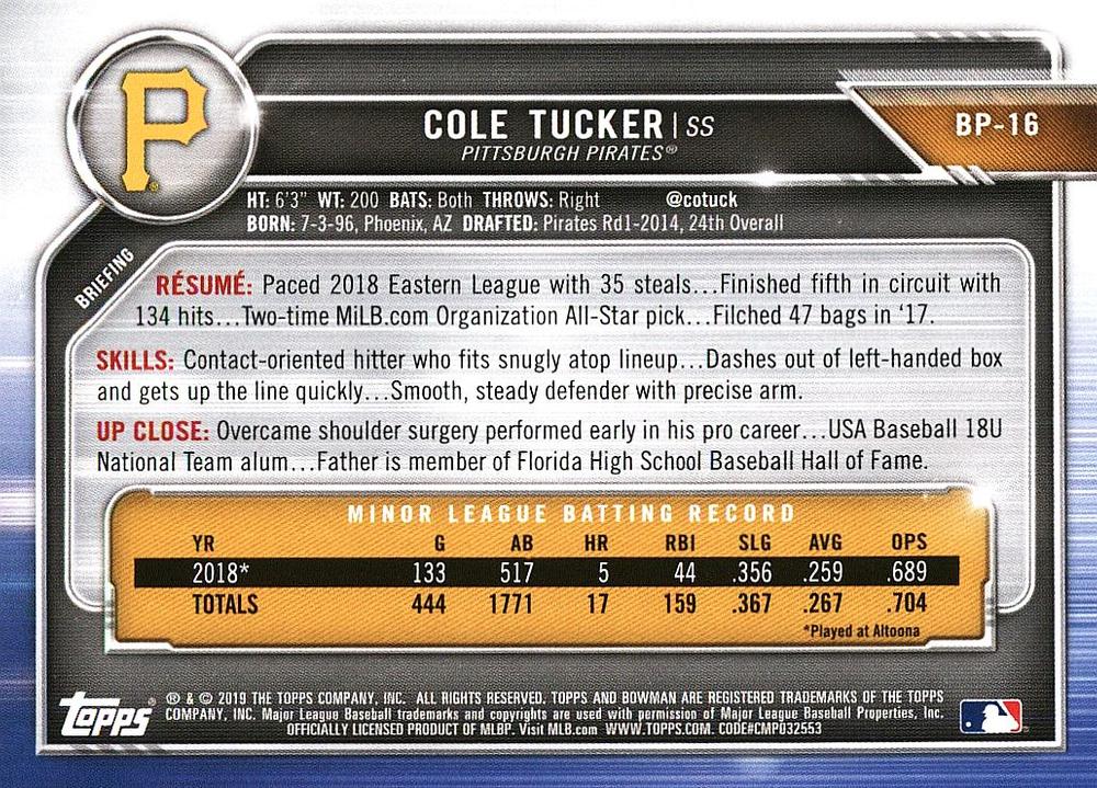 2019 Bowman Prospects Cole Tucker #BP-16 Pittsburgh Pirates