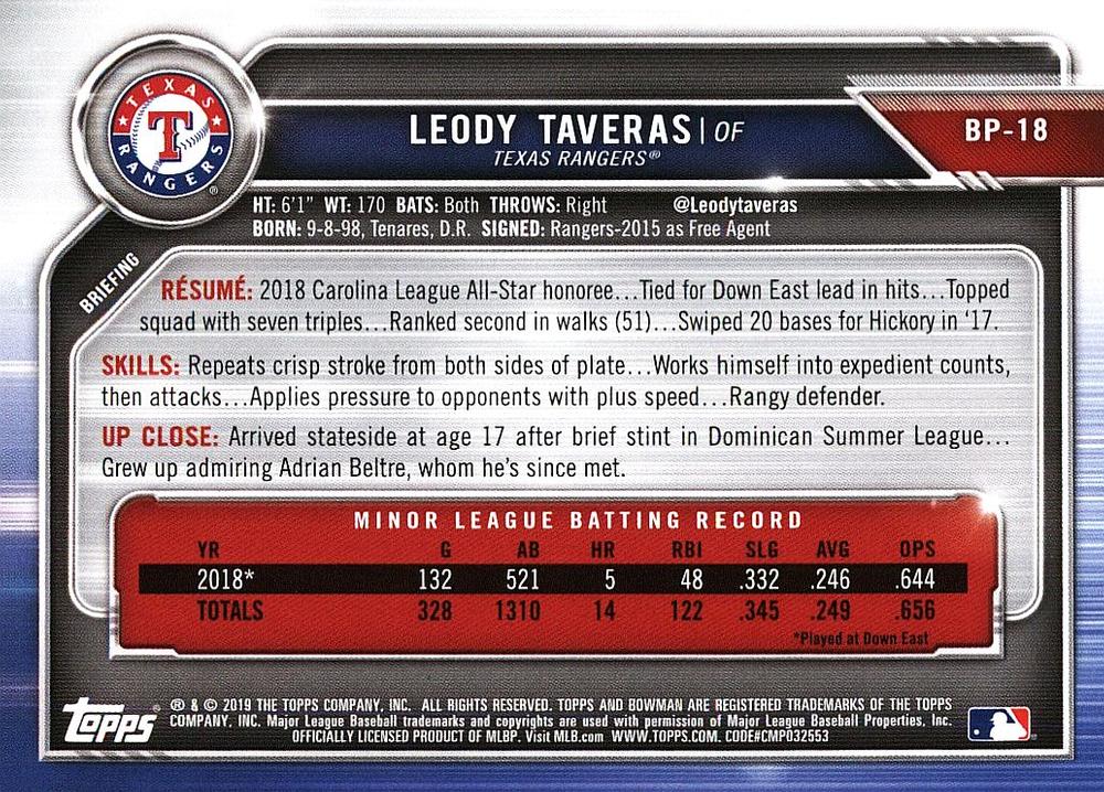 2019 Bowman Prospects Leody Taveras #BP-18 Texas Rangers