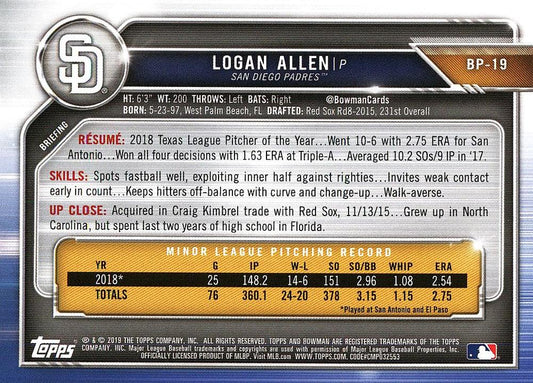 2019 Bowman Prospects Logan Allen #BP-19 San Diego Padres