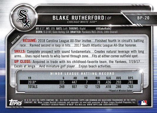 2019 Bowman Prospects Blake Rutherford #BP-20 Chicago White Sox