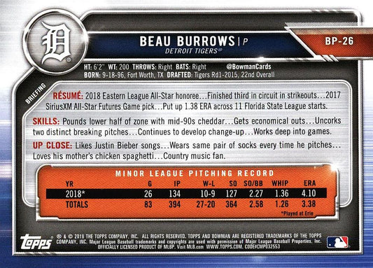 2019 Bowman Prospects Beau Burrows #BP-26 Detroit Tigers
