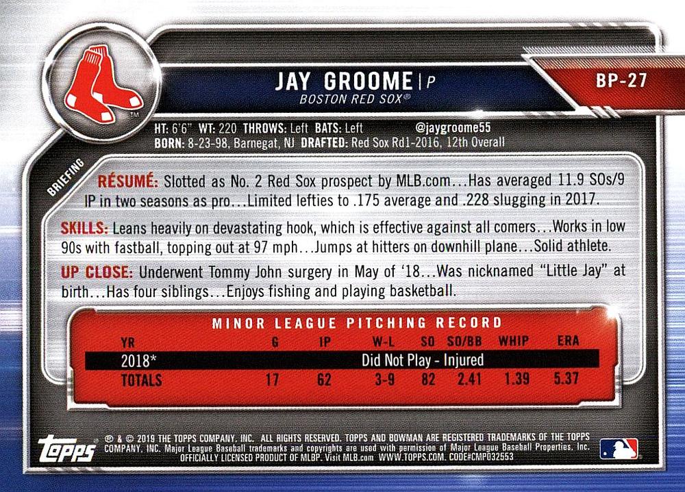2019 Bowman Prospects Jay Groome #BP-27 Boston Red Sox