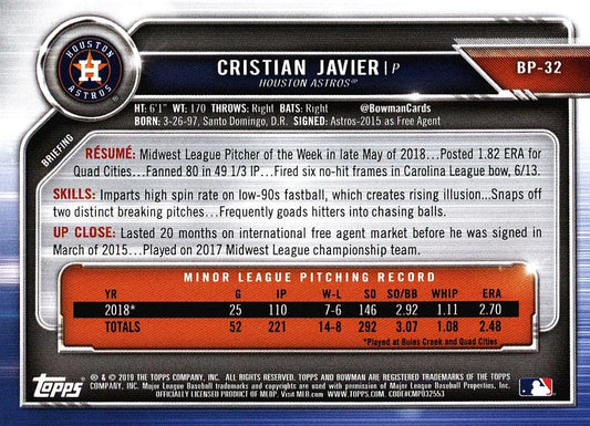 2019 Bowman Prospects Cristian Javier #BP-32 Ho#USton Astros