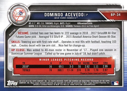 2019 Bowman Prospects Domingo Acevedo #BP-34 New York Yankees