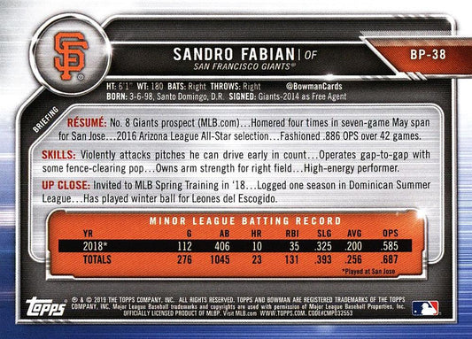 2019 Bowman Prospects Sandro Fabian #BP-38 San Francisco Giants