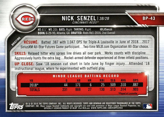 2019 Bowman Prospects Nick Senzel #BP-43 Cincinnati Reds