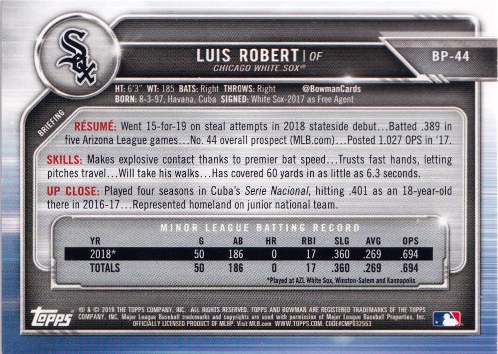 2019 Bowman Prospects Luis Robert #BP-44 Chicago White Sox