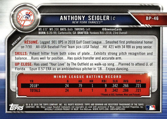 2019 Bowman Prospects Anthony Seigler #BP-46 New York Yankees