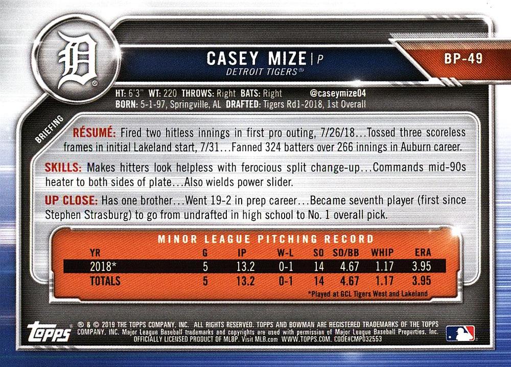 2019 Bowman Prospects Casey Mize #BP-49 Detroit Tigers