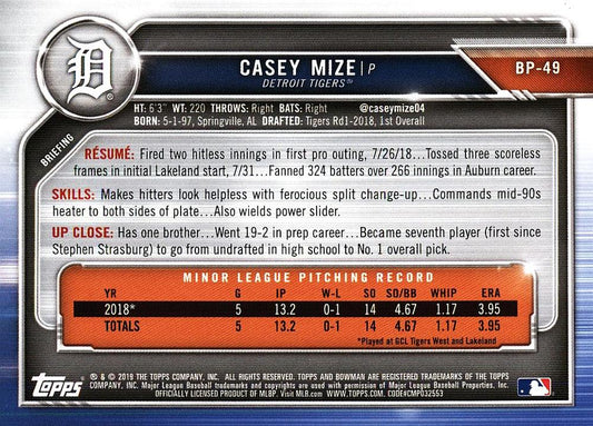 2019 Bowman Prospects Casey Mize #BP-49 Detroit Tigers