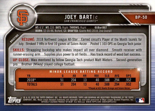 2019 Bowman Prospects Joey Bart #BP-50 San Francisco Giants