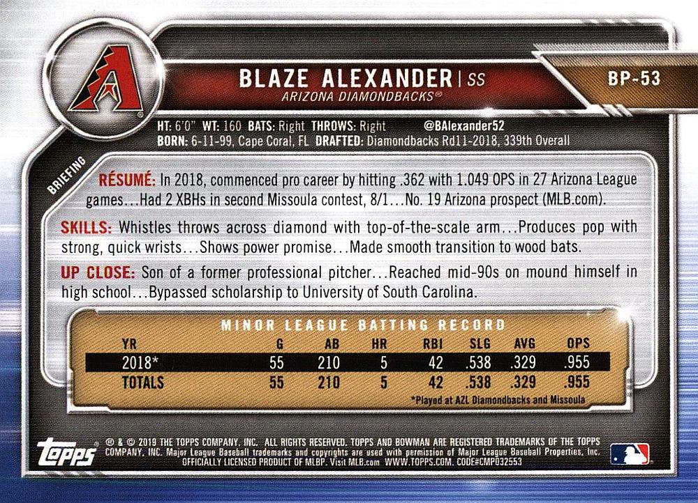 2019 Bowman Prospects Blaze Alexander #BP-53 Arizona Diamondbacks