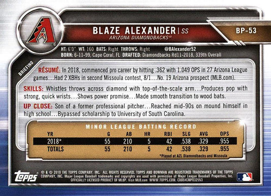 2019 Bowman Prospects Blaze Alexander #BP-53 Arizona Diamondbacks