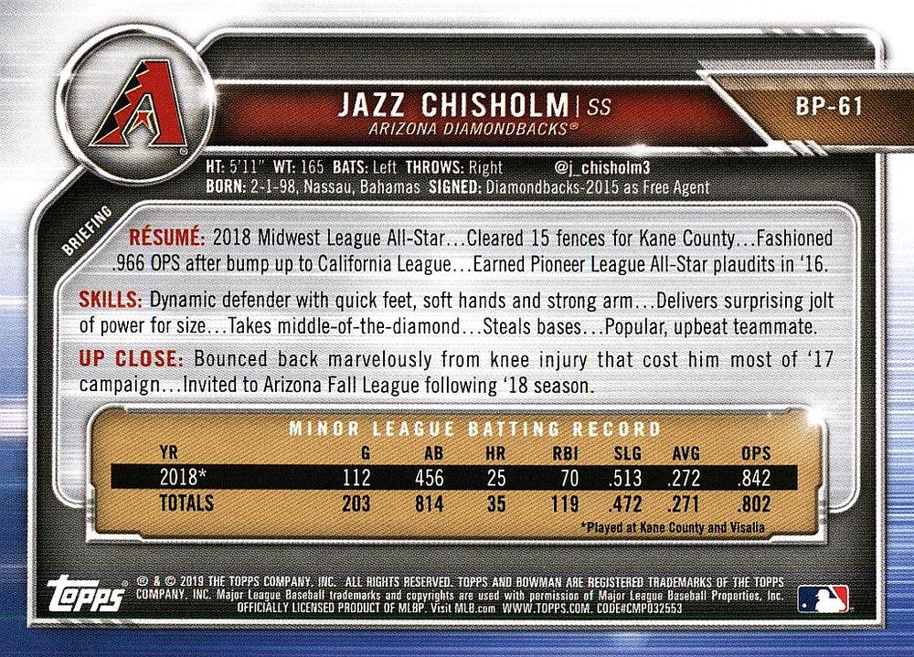 2019 Bowman Prospects Jazz Chisholm #BP-61 Arizona Diamondbacks