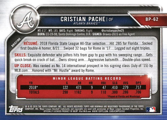 2019 Bowman Prospects Cristian Pache #BP-62 Atlanta Braves