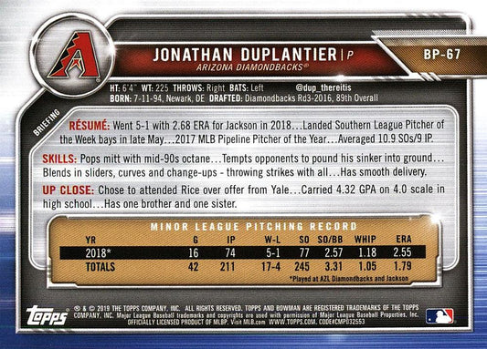 2019 Bowman Prospects Jonathan Duplantier #BP-67 Arizona Diamondbacks