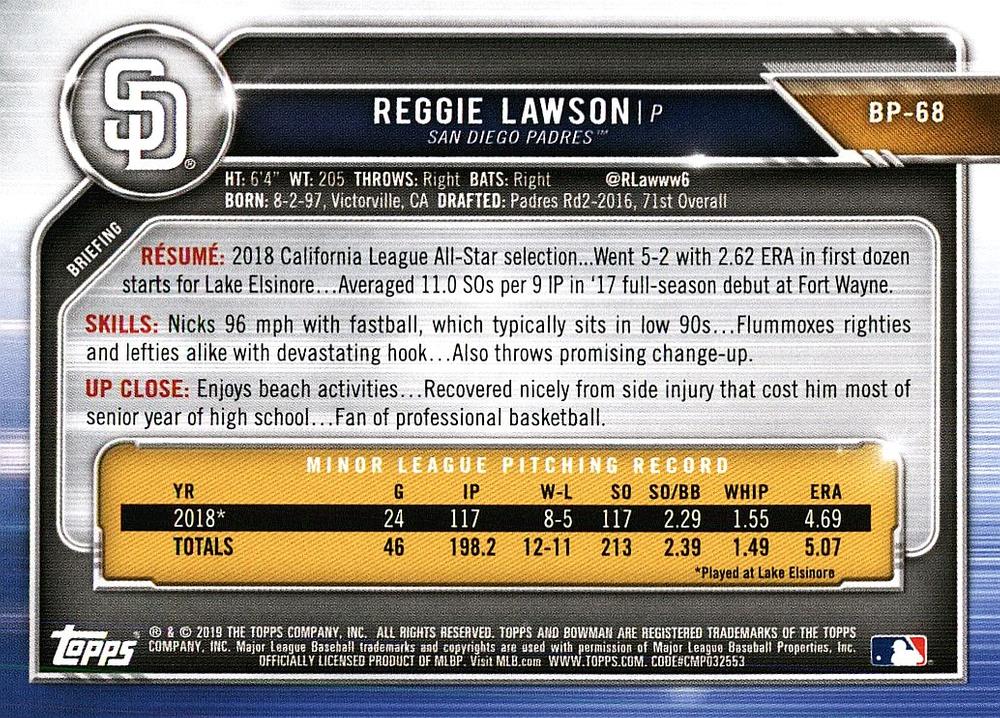 2019 Bowman Prospects Reggie Lawson #BP-68 San Diego Padres