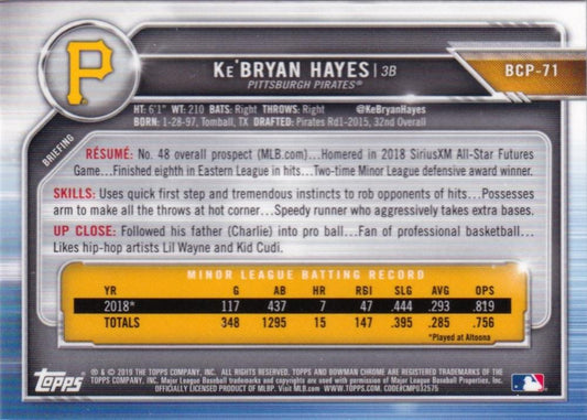 2019 Bowman Prospects Ke'Bryan Hayes #BP-71 Pittsburgh Pirates