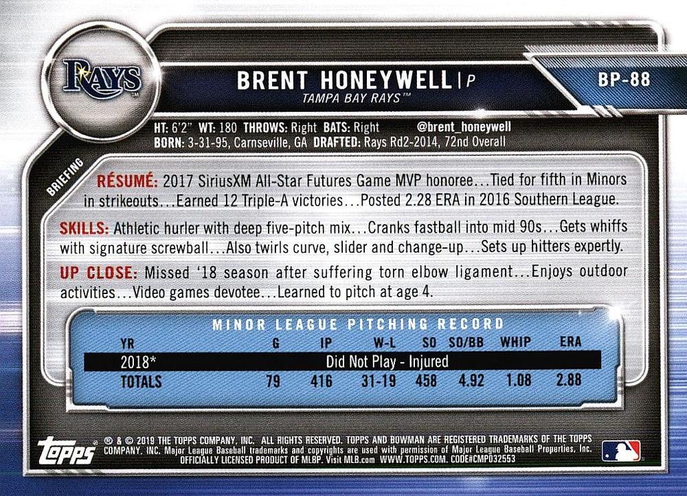 2019 Bowman Prospects Brent Honeywell #BP-88 Tampa Bay Rays
