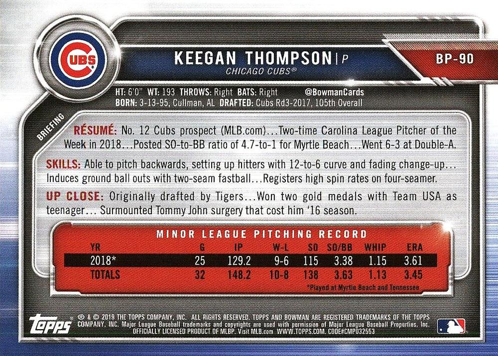 2019 Bowman Prospects Keegan Thompson #BP-90 Chicago Cubs