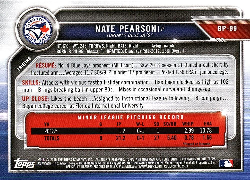 2019 Bowman Prospects Nate Pearson #BP-99 Toronto Blue Jays