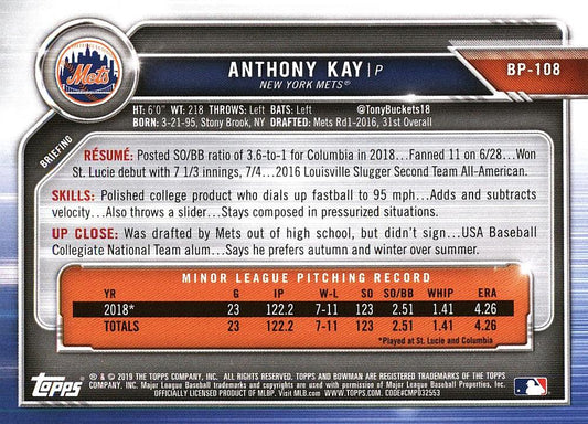 2019 Bowman Prospects Anthony Kay #BP-108 New York Mets