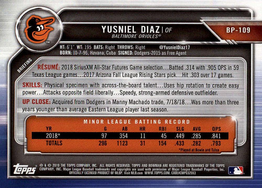 2019 Bowman Prospects Y#USniel Diaz #BP-109 Baltimore Orioles