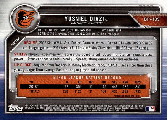 2019 Bowman Prospects Y#USniel Diaz #BP-109 Baltimore Orioles