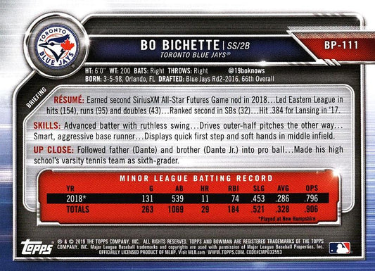2019 Bowman Prospects Bo Bichette #BP-111 Toronto Blue Jays