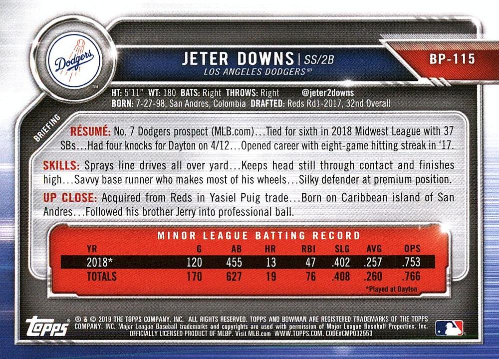 2019 Bowman Prospects Jeter Downs #BP-115 Los Angeles Dodgers