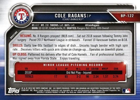 2019 Bowman Prospects Cole Ragans #BP-122 Texas Rangers