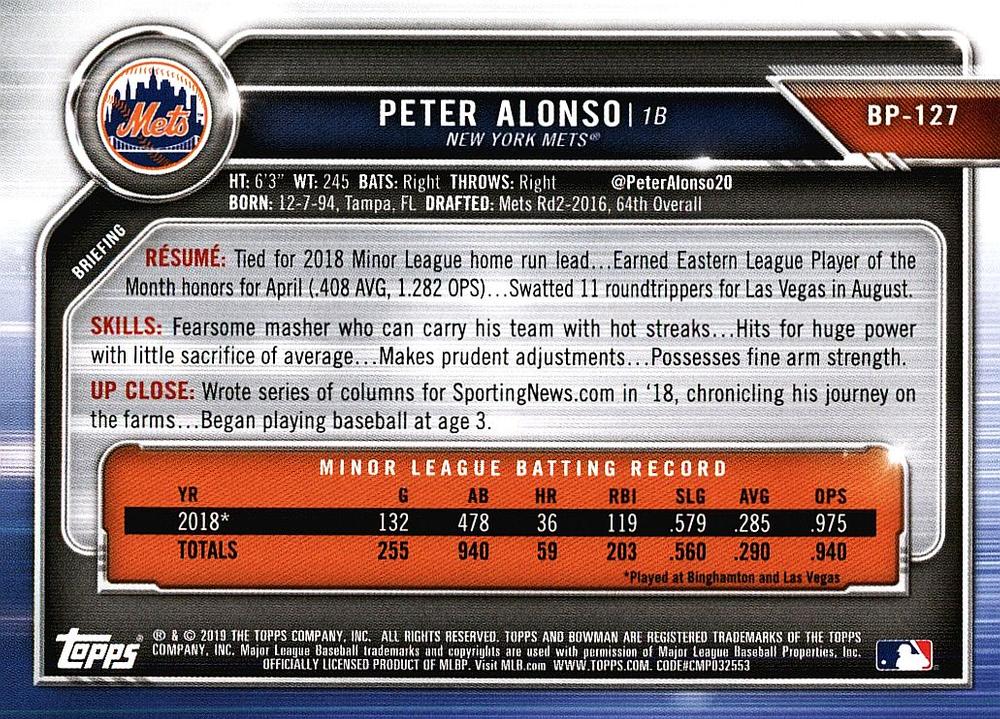 2019 Bowman Prospects Peter Alonso #BP-127 New York Mets