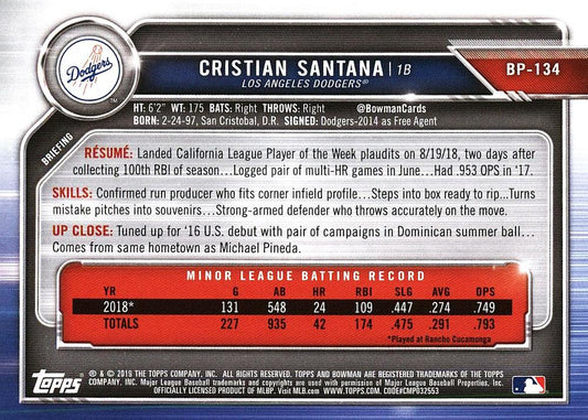 2019 Bowman Prospects Cristian Santana #BP-134 Los Angeles Dodgers