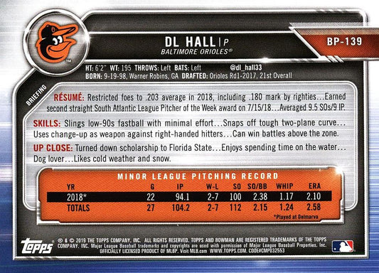 2019 Bowman Prospects DL Hall #BP-139 Baltimore Orioles