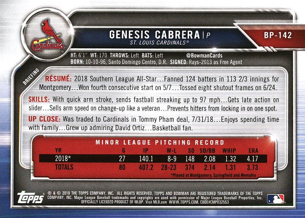 2019 Bowman Prospects Genesis Cabrera #BP-142 St. Louis Cardinals